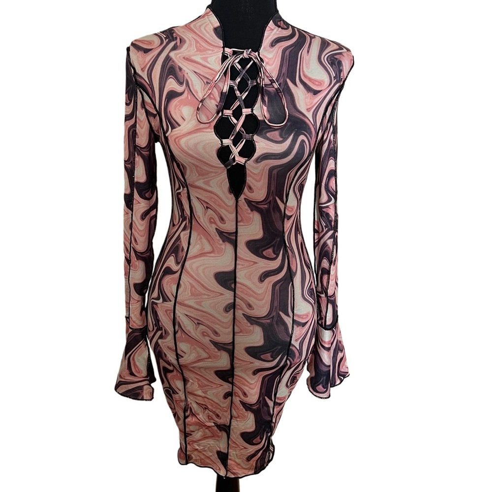 SHEIN Marble Print Lace Up Front Bodycon Dress Size XS